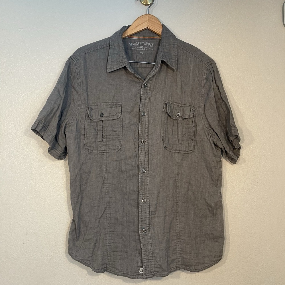 Margaritaville Men's 100% Cotton Large Solid Gray Button Up Shirt Short Sleeve
